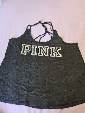PINK Sequin Logo Charcoal Gray Tank